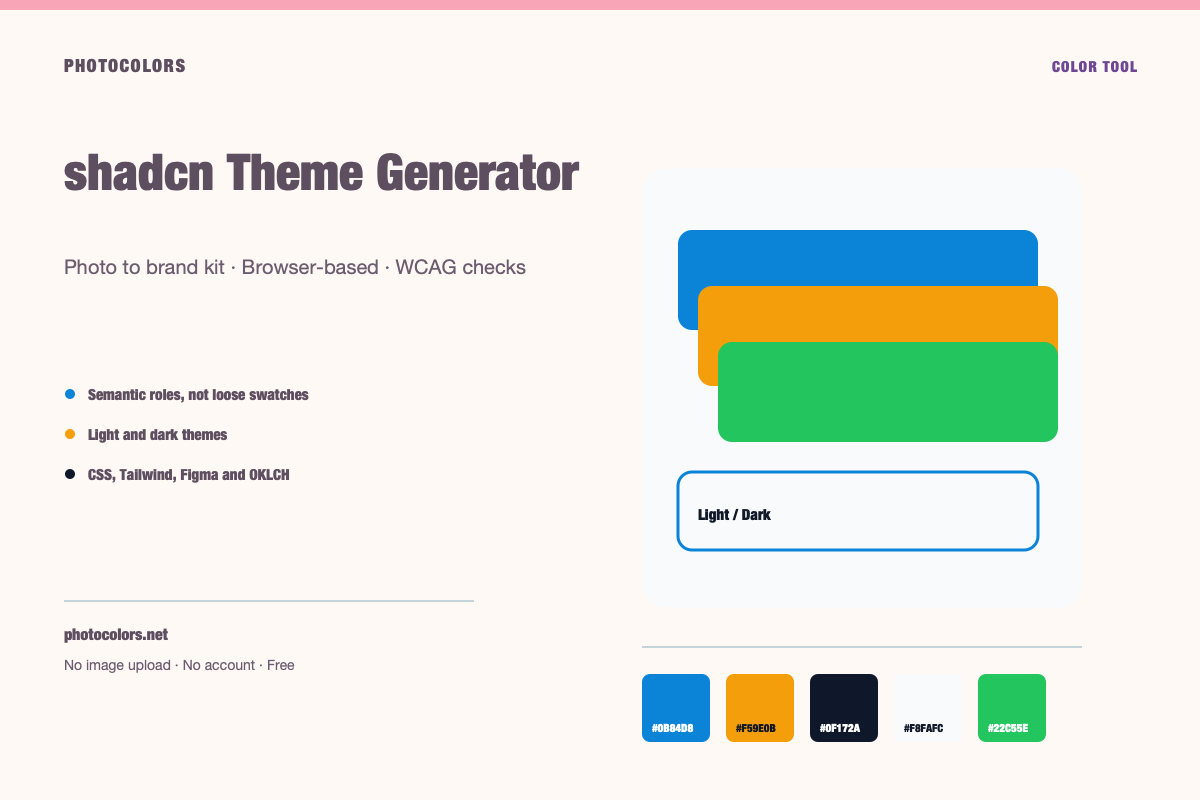 A component library preview with shadcn theme variables mapped to buttons, cards and form states