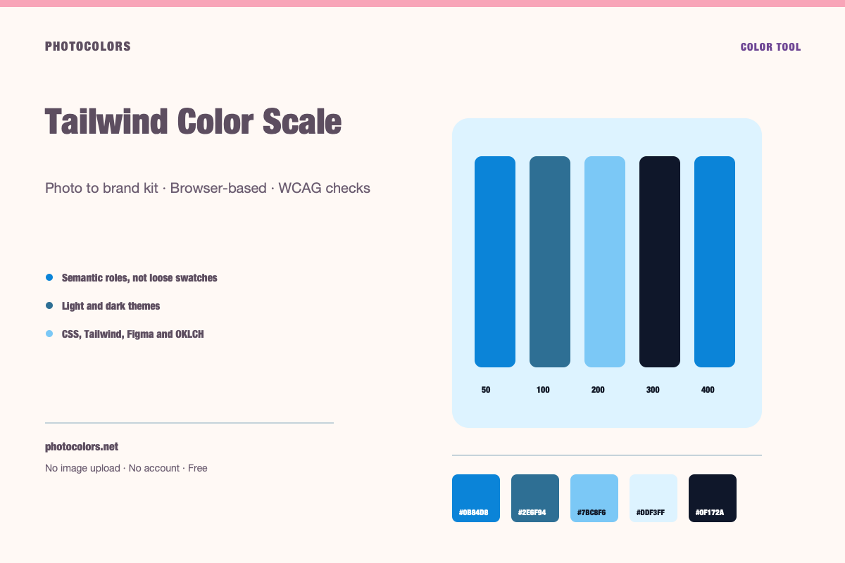 An eleven-step Tailwind color ramp from 50 to 950 with HEX labels and a component preview